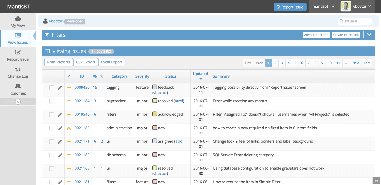 MantisBT dashboard