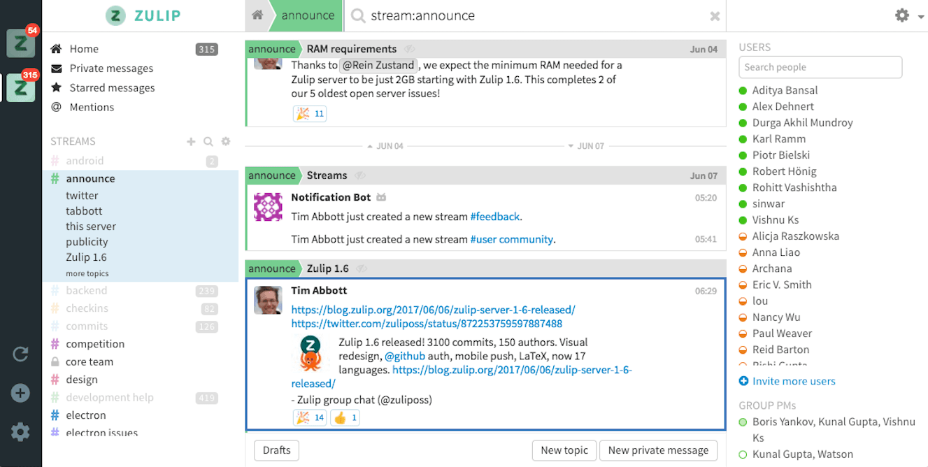 Zulip dashboard
