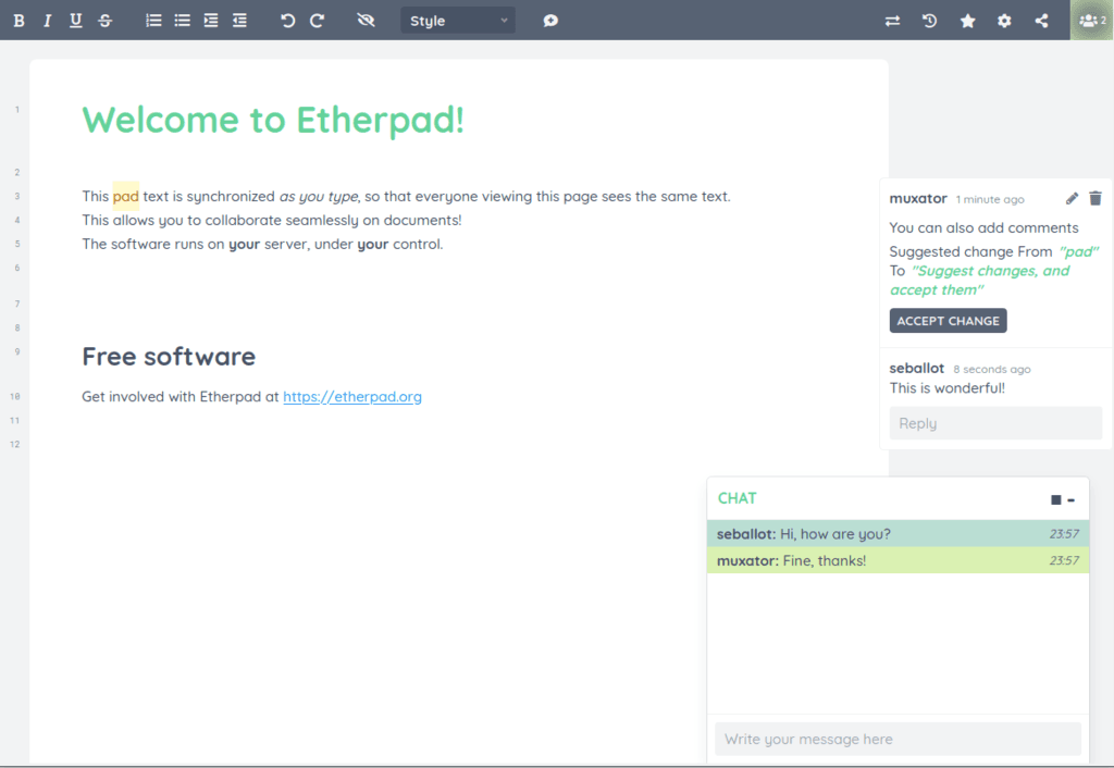 Etherpad dashboard