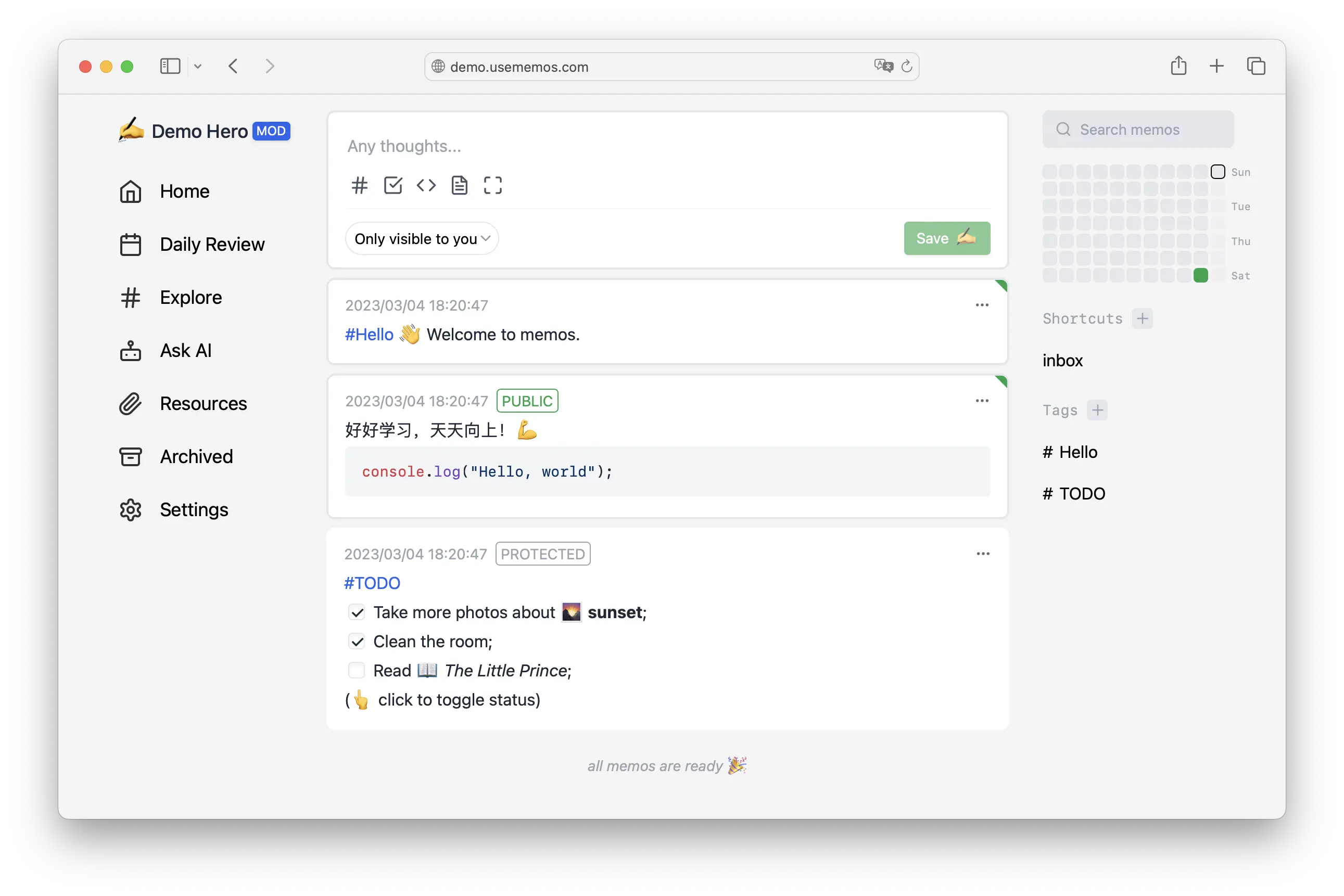 Memos dashboard