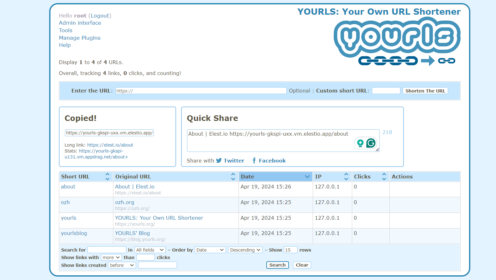 YOURLS fully managed open source service | OctaByte.io screenshot