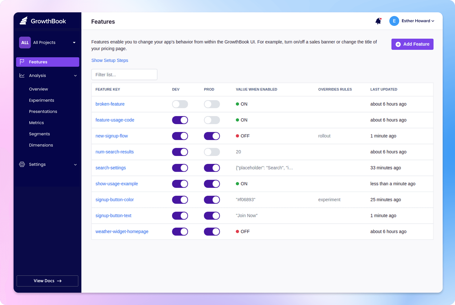 GrowthBook dashboard